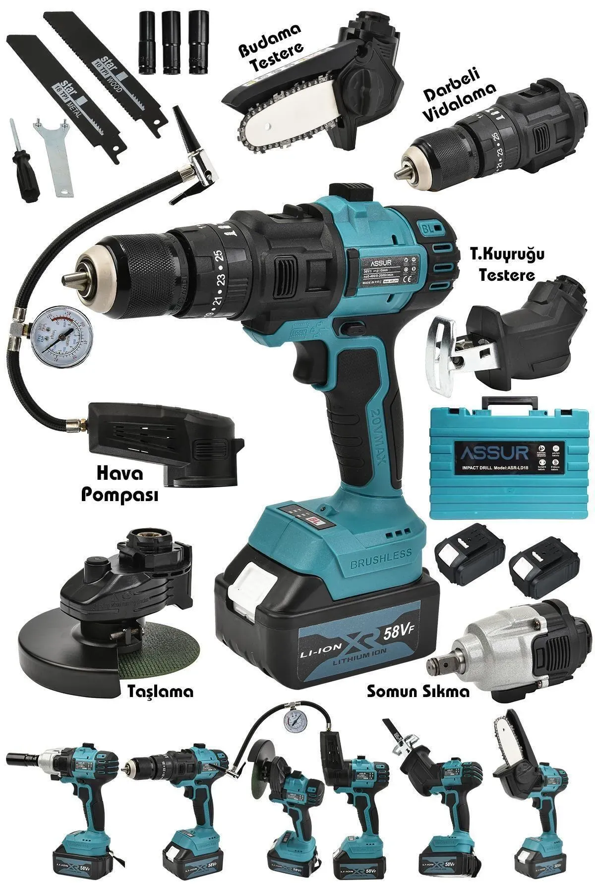 ASSUR 21v 6 Başlıklı Set Taşlama Somun Sıkma Tilki Kuyruğu Dal Budama Vidalama Hava Pompası